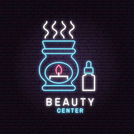 Neon sign. Beauty center with ceramic candle aroma oil lamp for logo, label, badge, sign, emblem Set for cosmetics, jewellery, beauty and handmade products, tattoo studios. Linear trendy style. Vectorのイラスト素材