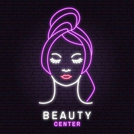 Neon sign. Woman face for logo, label, badge, emblem. Pretty lady wrap towel Beauty center sign for cosmetics, jewellery, beauty and handmade products, tattoo studios. Linear trendy style. Vectorのイラスト素材