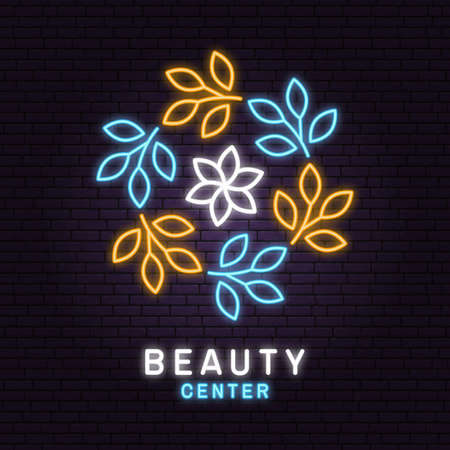 Neon sign. Beauty center with flowers for logo, label, badge, neon sign, emblem. Set for cosmetics, jewellery, beauty and handmade products, tattoo. Linear trendy style. Vectorのイラスト素材