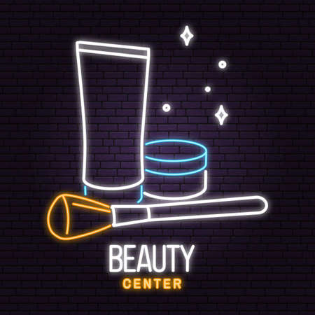 Neon sign. Beauty center with cosmetic cream, makeup brush for logo, label, badge, neon sign, emblem Set for cosmetics, jewellery, beauty and handmade products, tattoo. Linear trendy style. Vectorのイラスト素材