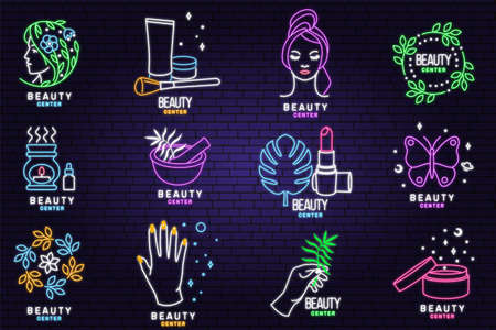 Neon sign. Set of Beauty center emblem with woman face, ceramic candle aroma oil lamp, mortar and pestle, lipstick. Beauty center label, badge, sign for cosmetics, jewellery, beauty. Vectorのイラスト素材