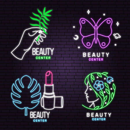 Neon sign. Set of Beauty center emblem with woman face, ceramic candle aroma oil lamp, mortar and pestle, lipstick. Beauty center label, badge, sign for cosmetics, jewellery, beauty. Vectorのイラスト素材