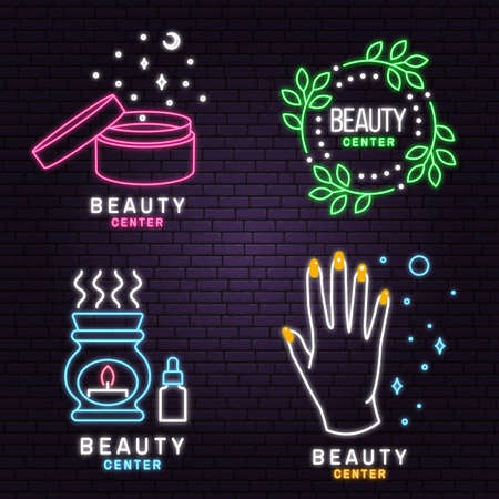 Neon sign. Set of Beauty center emblem with woman face, ceramic candle aroma oil lamp, mortar and pestle, lipstick. Beauty center label, badge, sign for cosmetics, jewellery, beauty. Vectorのイラスト素材