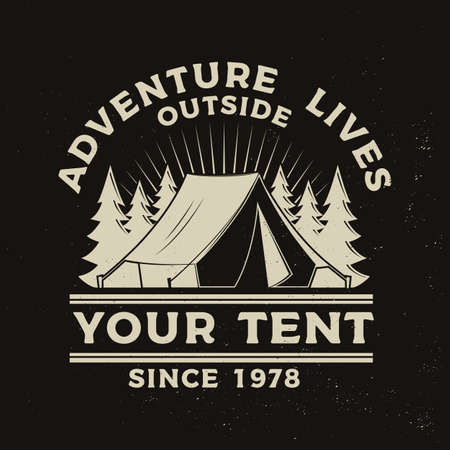 Adventure lives outside your tent. Vector illustration. Concept for shirt or  print, stamp or tee. Vintage typography design with camping tent and forest silhouette. Camping quoteのイラスト素材