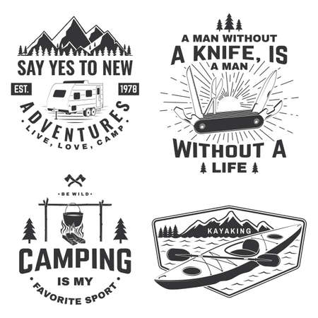 Set of camping badges, patches. Vector illustration. Concept for shirt or   print, stamp or tee. Vintage typography design with camping equipment, forest, camper rv and mountain silhouetteのイラスト素材