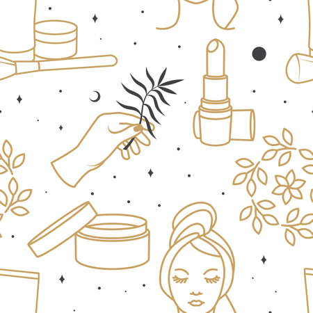 Cosmetics seamless texture, pattern, background, wallpaper, packaging design templates for Beauty center beauty salon, health care, cosmetic center. Vector illustration. Line art style.のイラスト素材