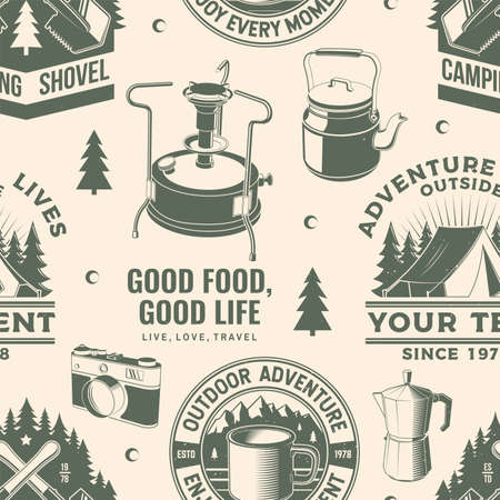 Summer camp seamless pattern or background. Vector. Seamless scene with primus, coffee maker, camper tent, shovel and forest silhouette. Outdoor adventure background for wallpaper or wrapper.のイラスト素材