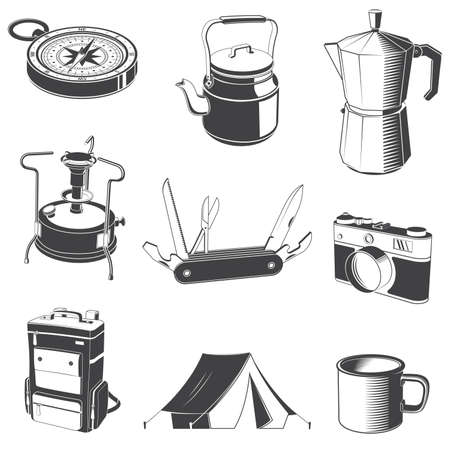 Camping and outdoors icons. Set include kayak with paddle, primus, photo camera , mug, coffee maker, tent, shovel, pocket knife, backpack. Vector. Equipment for camping, kayaking, hiking, travelingのイラスト素材