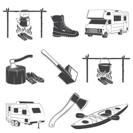 Camping and outdoors icons. Set include shovel, axe, kayak with paddle, hiking boots, camper, trailer, pot on camping fire. Vector Illustration. Equipment for camping, kayaking, hiking, travelingのイラスト素材
