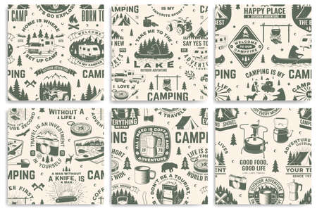 Set of outdoor adventure seamless pattern, background. Vector. Seamless camping pattern with hiking boots, camping tent, lantern, axe, mountains, bear, deer, forest silhouette. Camping texture.のイラスト素材
