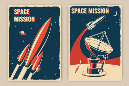 Space mission posters, banners, flyers. Vector. Concept for shirt, print, stamp, overlay or template. Vintage typography design with space rocket, satellite dishes and moon silhouette.のイラスト素材