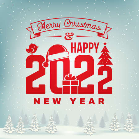 Merry Christmas and 2022 Happy New Year stamp, sticker set with snowflakes, hanging christmas ball, santa hat, candy. Vector Vintage typography design for xmas, new year emblem in retro style.のイラスト素材