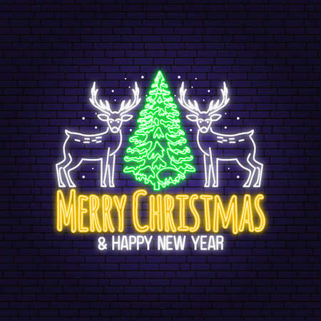 Merry Christmas and Happy New Year neon sign with elk, forest landscape, christmas tree. Vector illustration. Vintage typography design for xmas, new year emblem in retro styleのイラスト素材