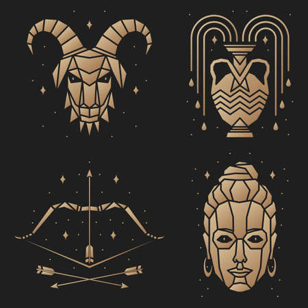 Set of zodiac astrology horoscope sign aquarius, sagittarius, capricorn, virgo design. Vector illustration.のイラスト素材