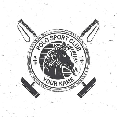 Polo club sport badge, patch, emblem, logo. Vector illustration. Vintage monochrome equestrian label with polo mallet and horse silhouettes. Polo club competition riding sport. Concept for shirt or logo, print, stamp or teeのイラスト素材