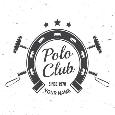 Polo club sport badge, patch, emblem, logo. Vector illustration. Vintage monochrome equestrian label with horseshoe and polo mallet silhouettes. Polo club competition riding sport. Concept for shirt or logo, print, stamp or teeのイラスト素材