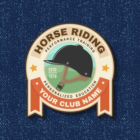 Horse riding sport club badge, patch, emblem, logo. Vector illustration. Vintage equestrian label, sticker with helmet silhouettes.のイラスト素材