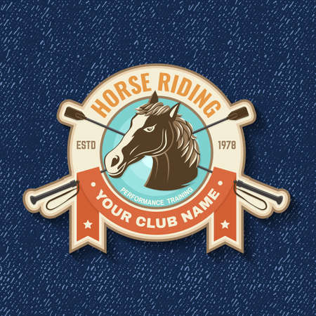 Horse riding club badge, patch, emblem, logo. Vector illustration. Vintage monochrome equestrian label, sticker with horse head silhouettes. Horseback riding sport.のイラスト素材