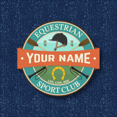 Horse racing sport club badge, patch, emblem . Vector illustration. Vintage monochrome equestrian label, sticker with helmet, horseshoe and riding crop silhouettes.のイラスト素材