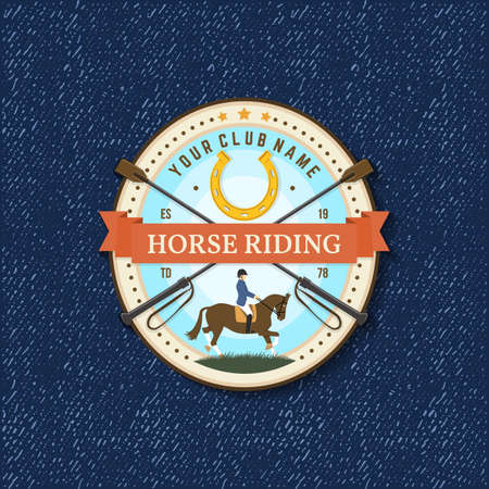 Horse racing sport club badge, patch, emblem . Vector illustration. Vintage monochrome equestrian label, sticker with helmet, horseshoe and riding crop silhouettes.のイラスト素材