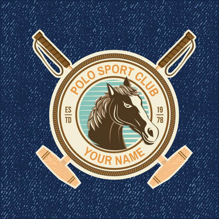 Polo club sport badge, patch, emblem, logo. Vector illustration. Color equestrian label, sticker with polo mallet and horse silhouettes. Polo club competition riding sport.のイラスト素材