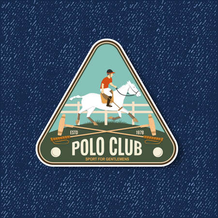 Polo club sport badge, patch, emblem . Vector illustration. Color equestrian label, sticker with rider and horse silhouettes. Polo club competition riding sport.のイラスト素材