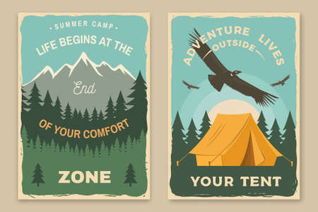 Set of camping retro posters. Vector illustration. Concept for shirt or print, stamp or tee. Vintage typography design with camping tent, forest and mountain silhouetteのイラスト素材
