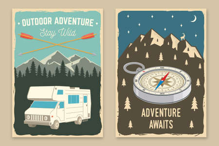 Set of camping retro posters. Vector illustration.  Vintage typography design with motor home, forest and camper compass silhouetteのイラスト素材