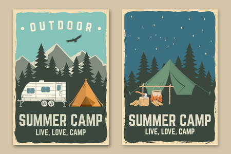Set of camping retro posters. Vector illustration. Concept for shirt or  print, stamp, patch or tee. Vintage typography design with camping tent, trailer, forest and mountain silhouette.のイラスト素材