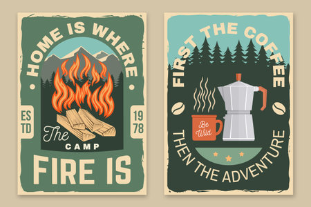 Set of camping retro posters. Vector illustration. Concept for badge, patch, shirt, logo, print, stamp or tee. Design with campfire, mountains, coffee and forest silhouette.のイラスト素材