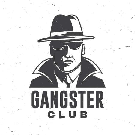 Gangster club badge design. Vector illustration. Vintage monochrome label, sticker, patch with silhouette of a gangster on white background.のイラスト素材