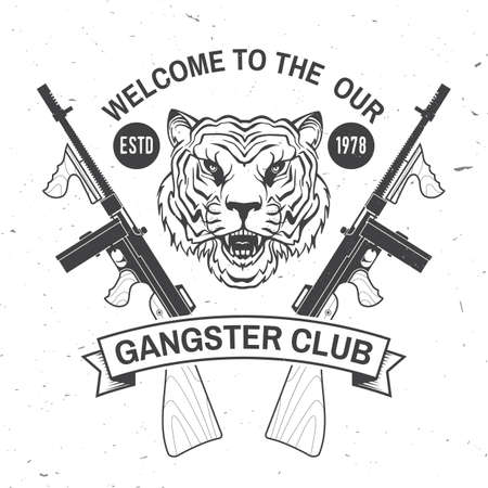 Gangster club badge design. Vector illustration. Vintage monochrome label, sticker, patch with tiger and gangster gun silhouettes.のイラスト素材
