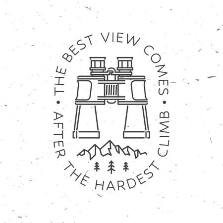 The best view comes after the hardest climb. Summer camp. Concept for shirt or print, stamp or tee. Vintage line art design with binoculars, mountains, condor, sky and forest.のイラスト素材
