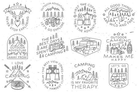 Set of camping badges, patches. Vector illustration. Concept for shirt or  print, stamp or tee. Vintage line art design with RV Motorhome, binoculars and forest.のイラスト素材