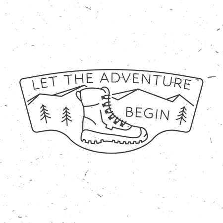 Let the adventure begin. Summer camp line art badge. For patch, stamp. Vector illustration. Concept for shirt or   print, stamp or tee. Design with hiking boots, mountains, sky and forest.のイラスト素材