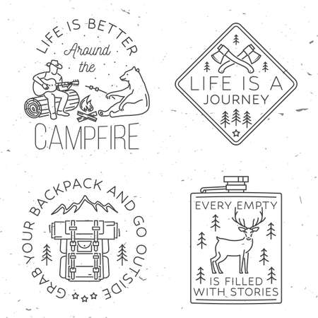Life is better around the campfire. Vector illustration. Concept for shirt or logo, print, stamp or tee. Vintage line art design with campfire, bear, man with guitar.のイラスト素材