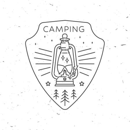 Wild camping. Vector illustration. Concept for shirt or logo, print, stamp Vintage line art design with camp lantern and forest silhouette. Outdoor adventure symbol.のイラスト素材