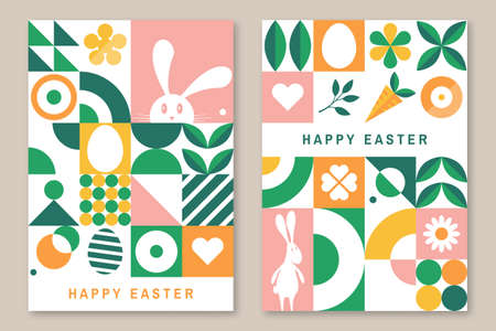 Set of easter cards, posters, banners. Vector illustration. Collection of holiday icons. Website decoration, graphic elements. Holiday covers, greeting card. Cartoon flat vector illustration isolated on gray backgroundのイラスト素材