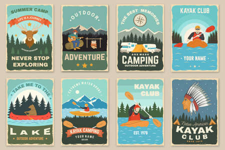 Set of camping retro posters. Vector. Concept for shirt or print, stamp, travel badge. Vintage typography design with kayaker, american indian, elk, forest, mountain, man with guitar, kayaker silhouetteのイラスト素材