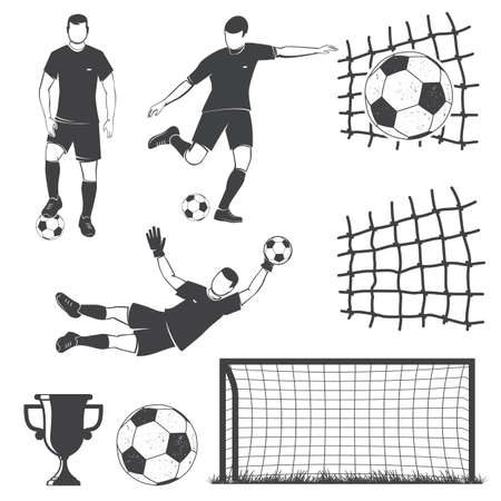 Set of football, soccer sports equipment and player silhouettes. Vector illustration. Collection include soccer ball, gate, player and net silhouette.のイラスト素材