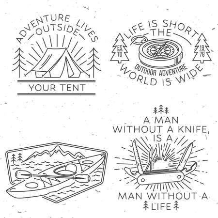 Set of camping badges, patches. Vector illustration. Concept for shirt or logo, print, stamp or tee. Vintage line art design with camping equipment, forest, retro compass and mountainのイラスト素材