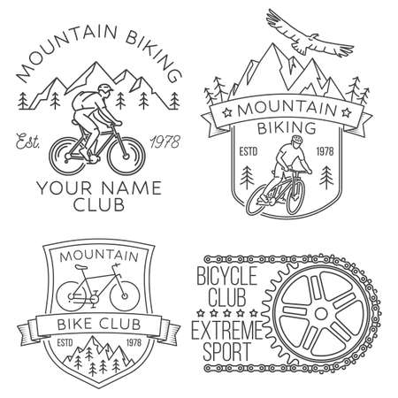 Set of Mountain biking badge, logo, patch. Vector illustration. Concept for shirt or logo, print, stamp or tee. Vintage line art design with man riding bike and mountain silhouette.のイラスト素材