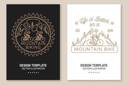 Set of Mountain biking flyer, brochure, banner, poster. Vector illustration. Concept for shirt or logo, print, stamp or tee. Vintage line art design with man riding bike and mountain silhouette.のイラスト素材