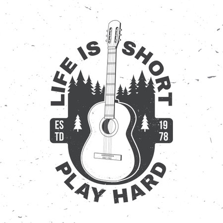 Life is short, play hard. Vector illustration. Concept for shirt or logo, print, stamp or tee. Vintage typography design with guitar and forest silhouette. Camping quote.のイラスト素材