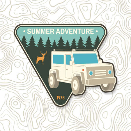 Summer adventure. Summer Camp Logo Patch. Vector illustration Concept for shirt or logo, print, stamp or tee. Vintage typography design with off road car and forest silhouette.のイラスト素材