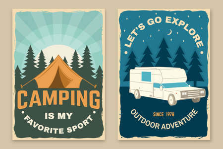 Set of camping poster, banner. Vector illustration. Concept for shirt o, print, stamp or tee. Vintage typography design with camper rv, tent and forest silhouette. Camping quote.のイラスト素材
