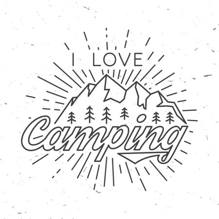I love Camping. Vector illustration. Concept for shirt or logo, print, stamp or tee. Vintage line art typography design with sunburst, forest and mountain silhouette. Camping quote.のイラスト素材