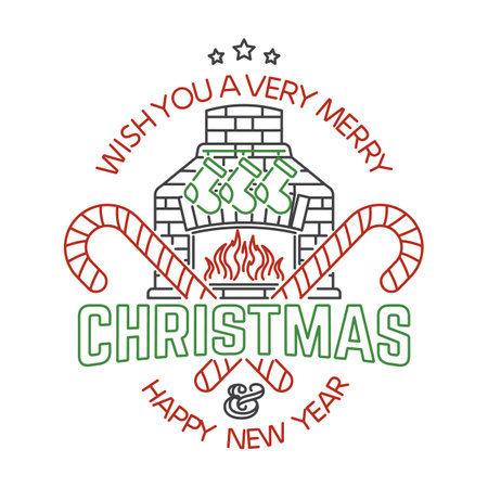 Wish you a very Merry Christmas and Happy New Year stamp, sticker, patch with fireplace, Christmas socks, christmas candy. Vector illustration. Line art design for xmas, new year emblem in retro styleのイラスト素材
