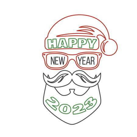Happy New Year stamp, sticker set with Santa Claus. Vector illustration. Line art design for xmas, new year emblem in retro style. Happy 2023 New Year overlay.のイラスト素材