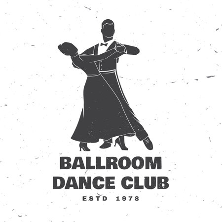 Ballroom dance sport club logo, badge design. Concept for shirt or logo, print, stamp or tee. Dance sport sticker with man and woman silhouette. Vector. Tango, waltz, couples dancing ballroom styleのイラスト素材